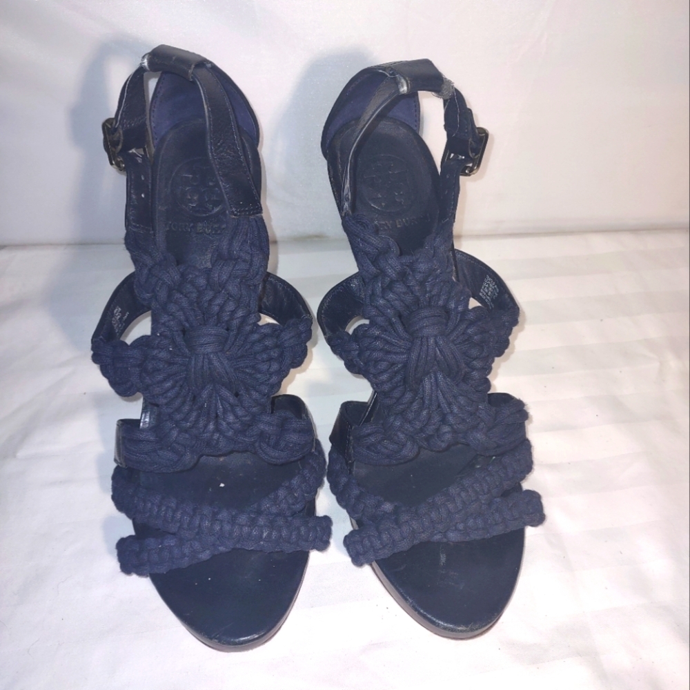 Tory Burch navy blue macrame Crochet heels sandals 9.5